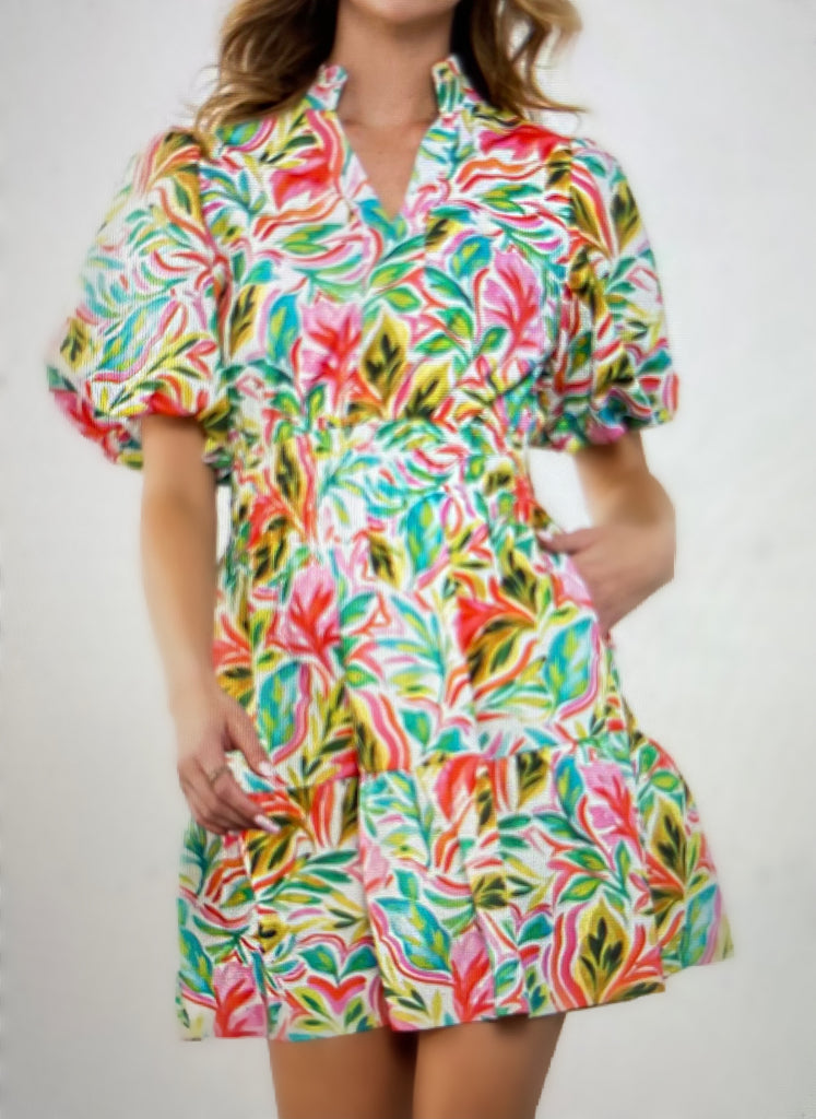 Fiji Tropical Puff Sleeve Print Dress