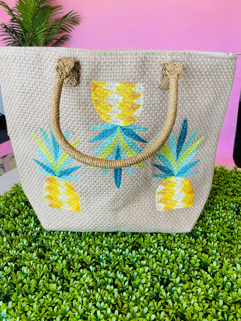 Pineapple Straw Zipper Tote Bag