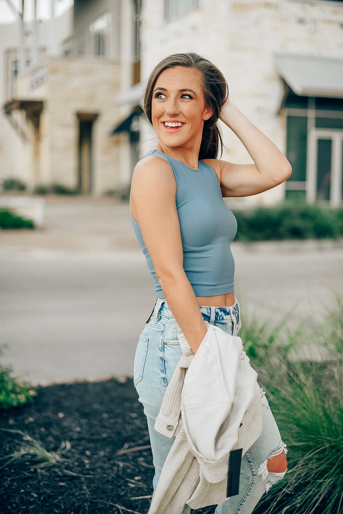 Alexa Ribbed Knit Crop Top in Bluestone