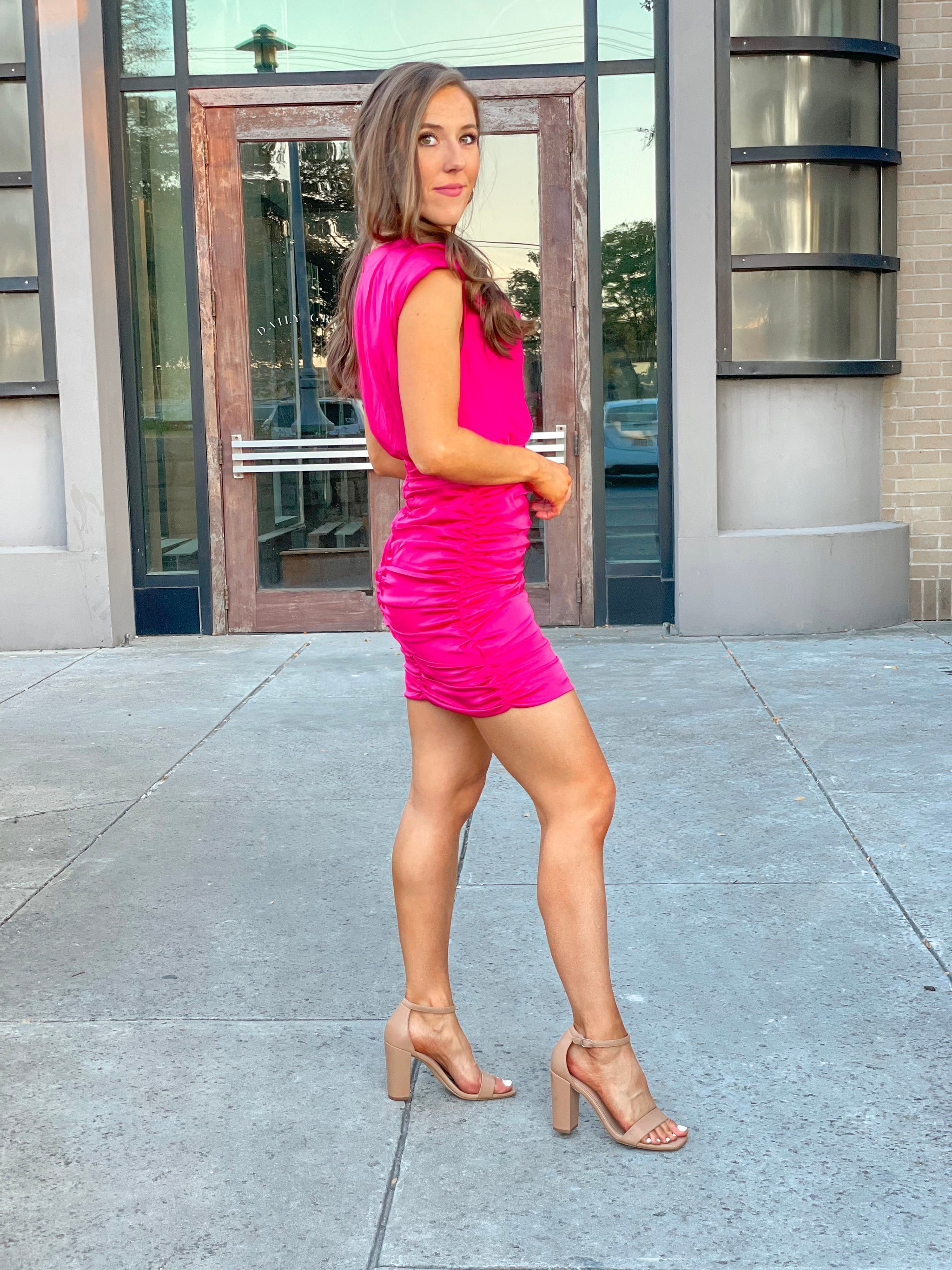 Be Unforgettable Hot Pink Ruched Dress – Three Cords Boutique