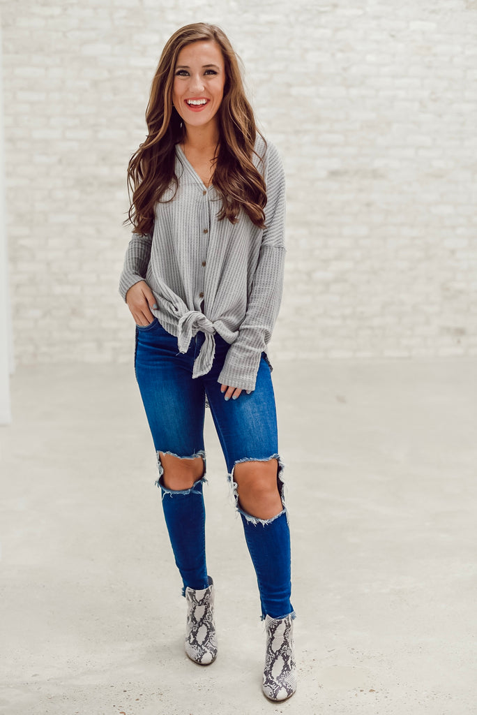 Bethany Tie Waffle Knit Top in Gray