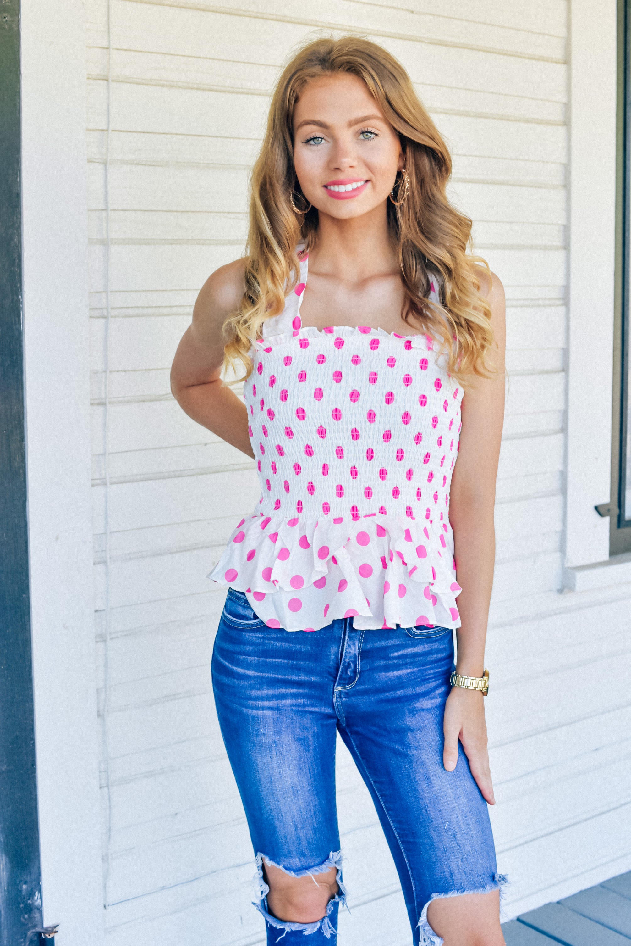 Caroline Hot Pink Polka Dot Top – Three Cords Boutique