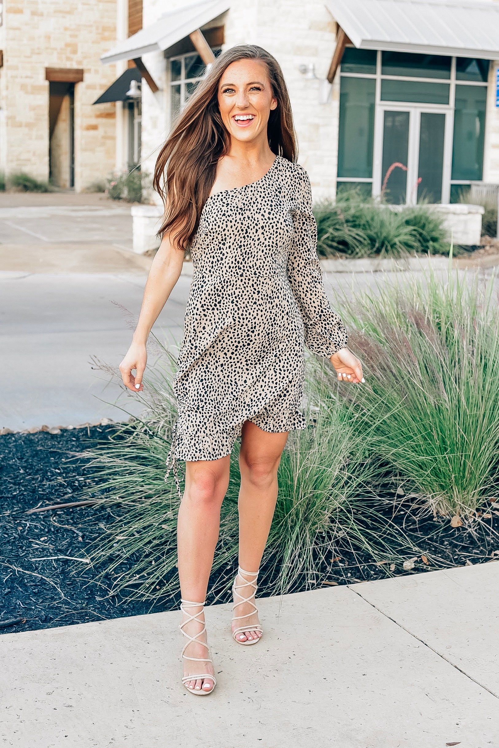leopard print dress one shoulder Let's Talk Leopard One Shoulder Maxi Dress Black / XL (14-16)