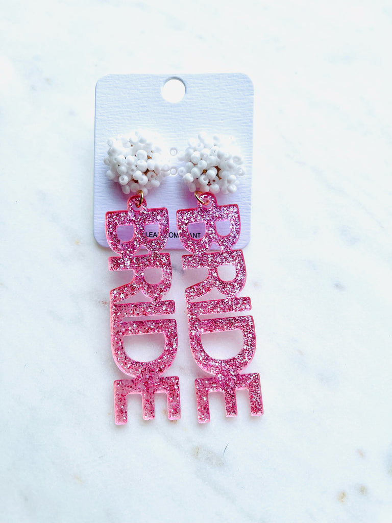 Bride Glittered Dangle Earrings in Pink