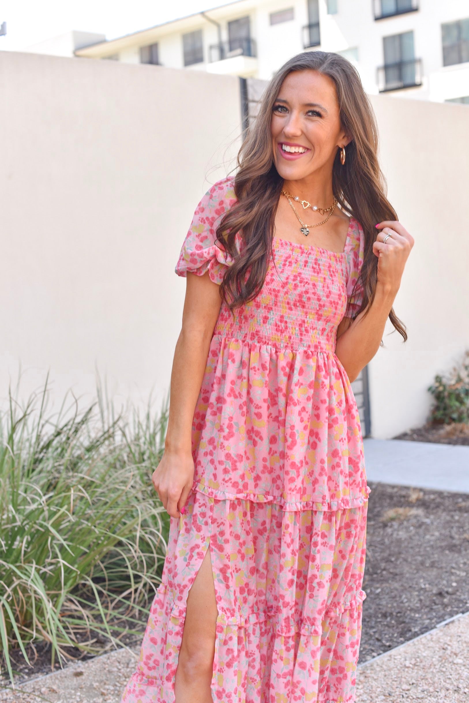 pink floral smocked dress Pink Floral Smocked Midi Dress - All Dresses